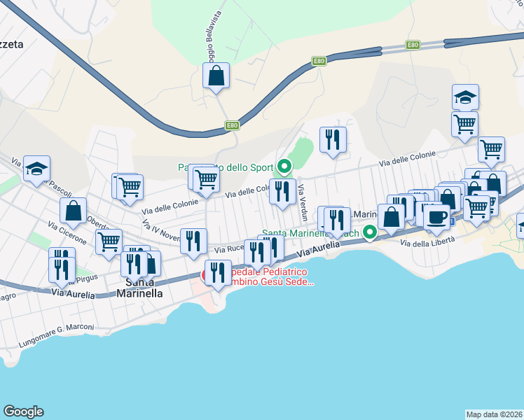 map of restaurants, bars, coffee shops, grocery stores, and more near 32 Via Ortigara in Santa Marinella