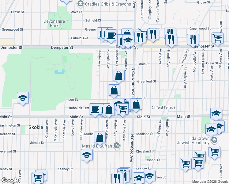 map of restaurants, bars, coffee shops, grocery stores, and more near 8522 Karlov Avenue in Skokie