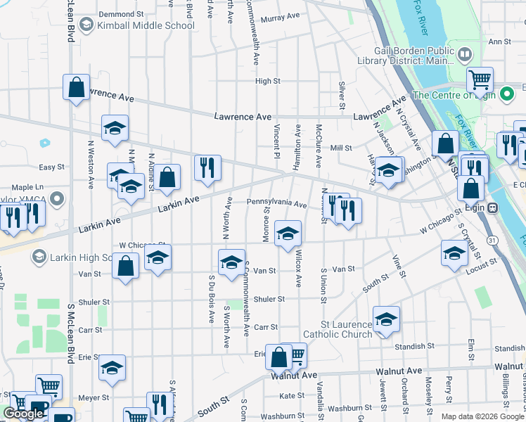 map of restaurants, bars, coffee shops, grocery stores, and more near 44 Monroe Street in Elgin