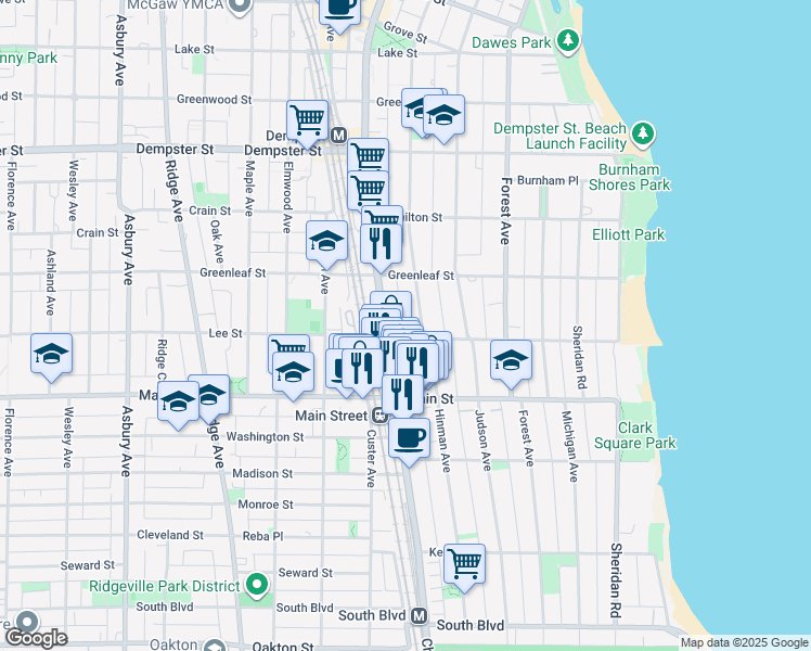 map of restaurants, bars, coffee shops, grocery stores, and more near 1001 Chicago Avenue in Evanston