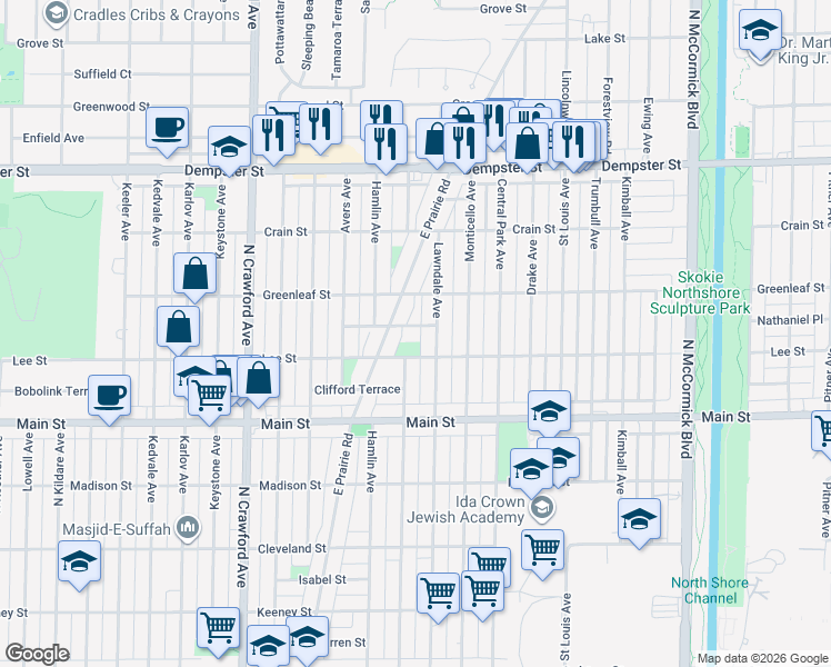 map of restaurants, bars, coffee shops, grocery stores, and more near 3719 Roth Terrace in Skokie