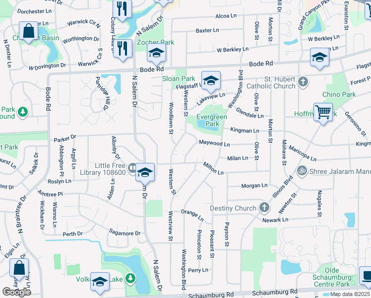 map of restaurants, bars, coffee shops, grocery stores, and more near 535 Western Street in Hoffman Estates