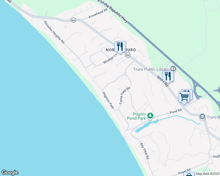 map of restaurants, bars, coffee shops, grocery stores, and more near 46 Twine Field Road in Provincetown