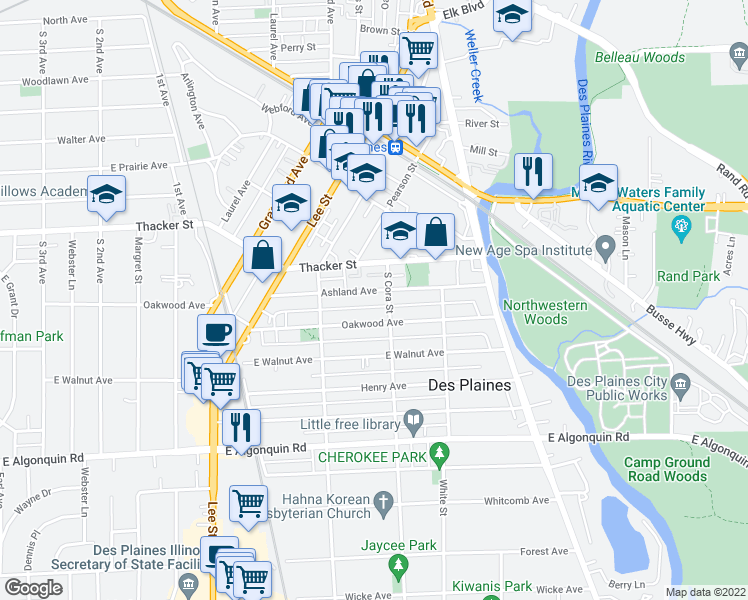 map of restaurants, bars, coffee shops, grocery stores, and more near 1457 Ashland Avenue in Des Plaines