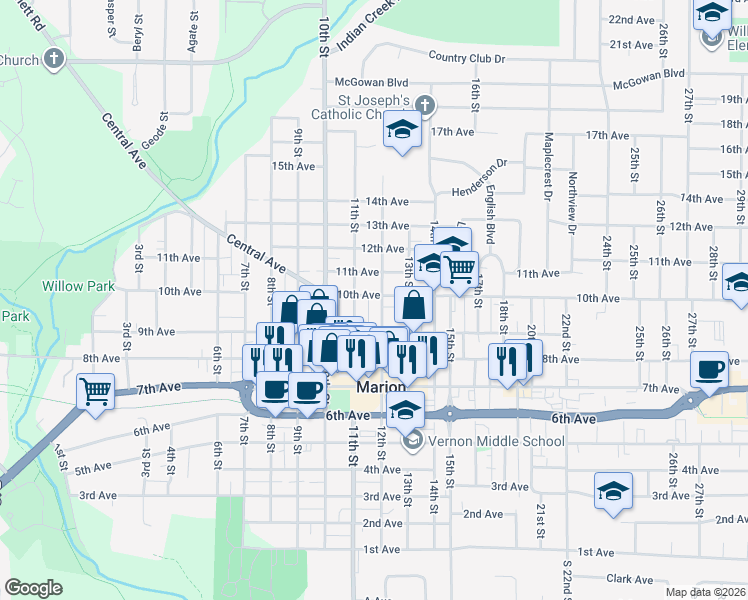 map of restaurants, bars, coffee shops, grocery stores, and more near in Marion