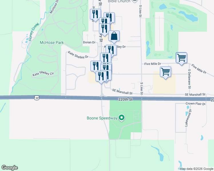 map of restaurants, bars, coffee shops, grocery stores, and more near 1905 South Marshall Street in Boone