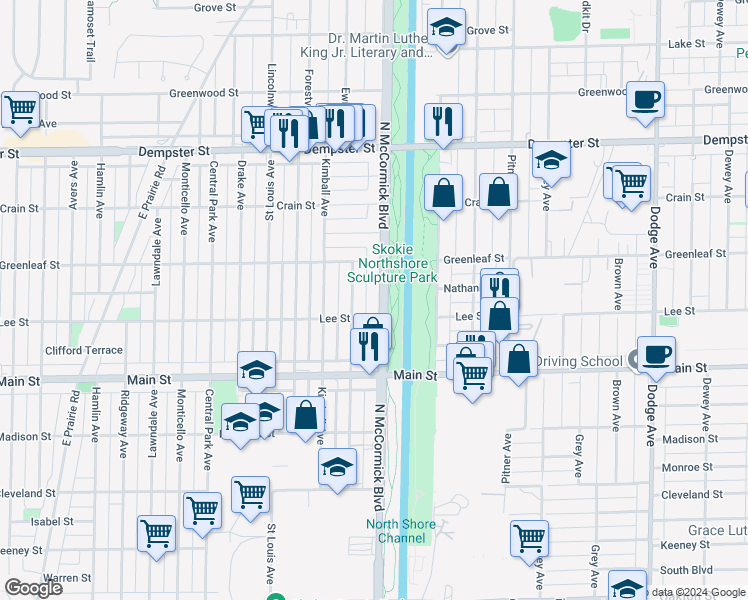 map of restaurants, bars, coffee shops, grocery stores, and more near 8518 North McCormick Boulevard in Skokie