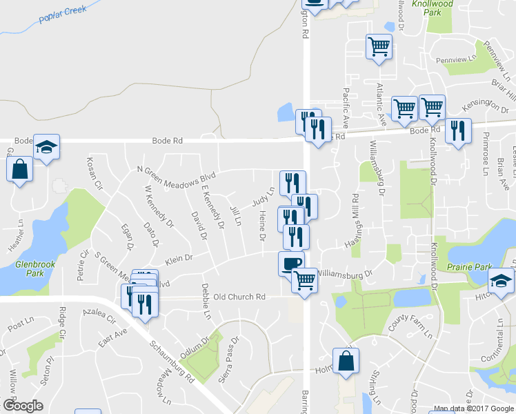 map of restaurants, bars, coffee shops, grocery stores, and more near 206 Heine Drive in Streamwood