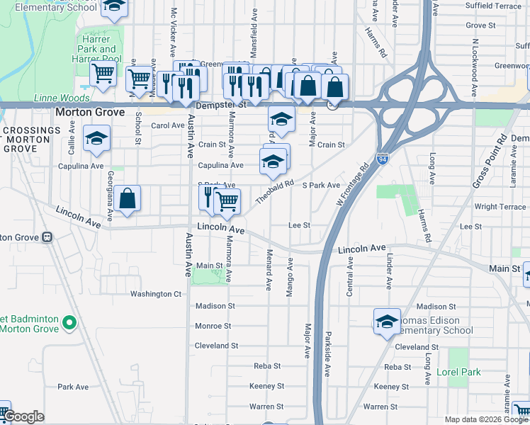map of restaurants, bars, coffee shops, grocery stores, and more near 5825 Theobald Road in Morton Grove