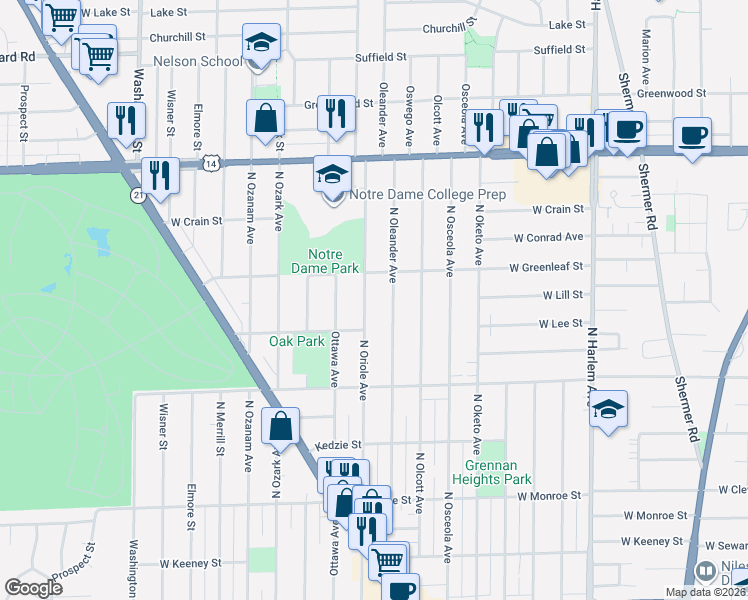 map of restaurants, bars, coffee shops, grocery stores, and more near 8527 North Oriole Avenue in Niles