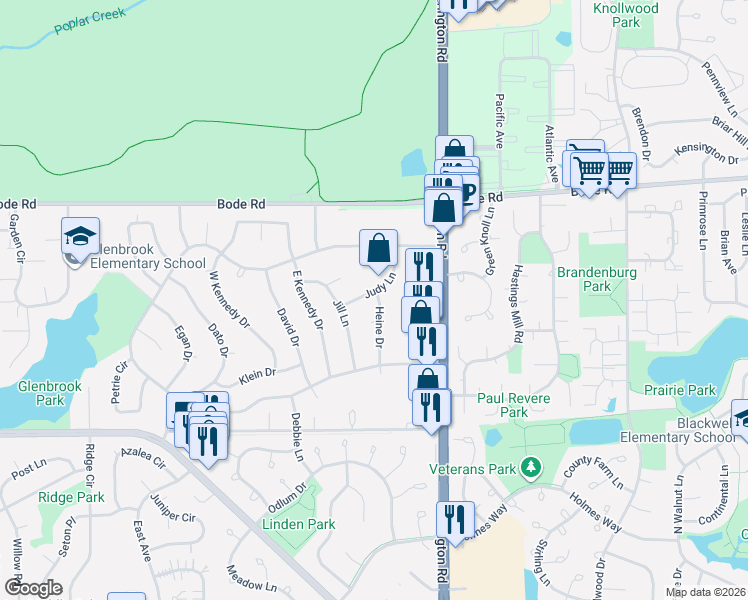 map of restaurants, bars, coffee shops, grocery stores, and more near 206 Heine Drive in Streamwood