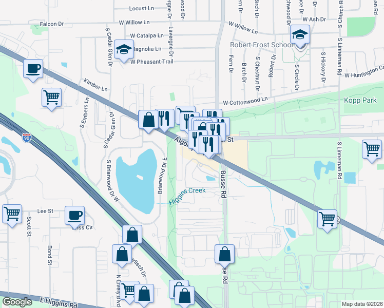 map of restaurants, bars, coffee shops, grocery stores, and more near 1753 West Algonquin Road in Mount Prospect