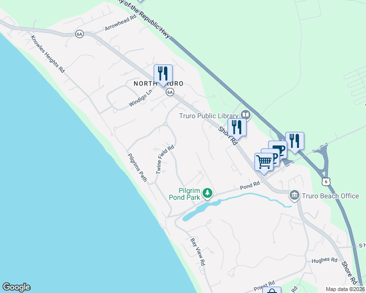 map of restaurants, bars, coffee shops, grocery stores, and more near 25 Twine Field Road in Provincetown