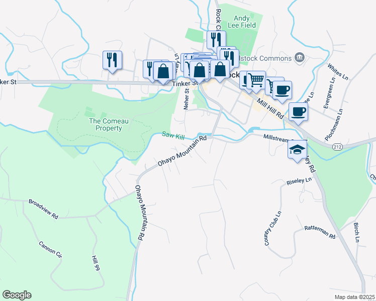 map of restaurants, bars, coffee shops, grocery stores, and more near 36 Ohayo Mountain Road in Woodstock