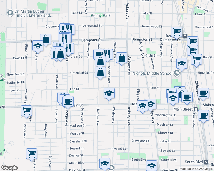 map of restaurants, bars, coffee shops, grocery stores, and more near 1003 Ashland Avenue in Evanston