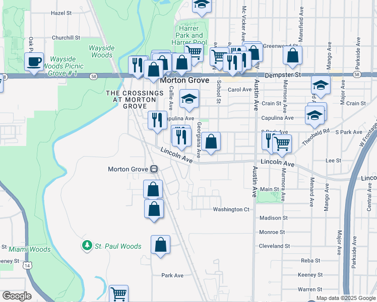 map of restaurants, bars, coffee shops, grocery stores, and more near 8514 Georgiana Avenue in Morton Grove