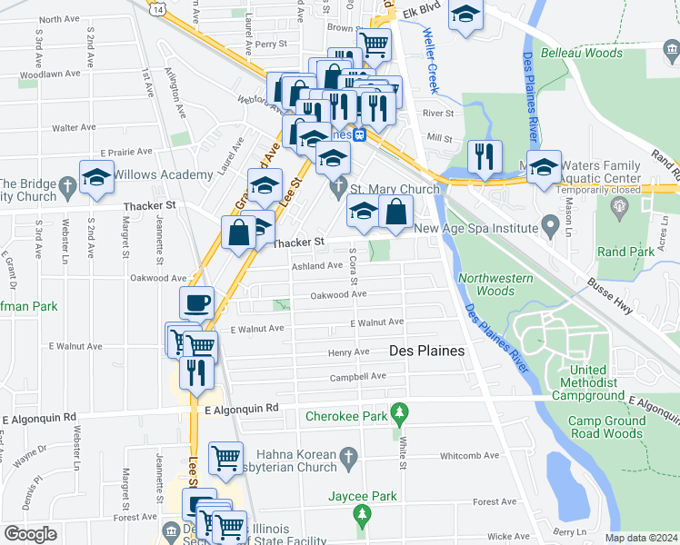map of restaurants, bars, coffee shops, grocery stores, and more near 1457 Ashland Avenue in Des Plaines