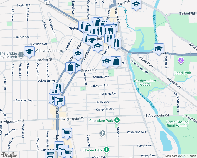 map of restaurants, bars, coffee shops, grocery stores, and more near 1457 Ashland Avenue in Des Plaines