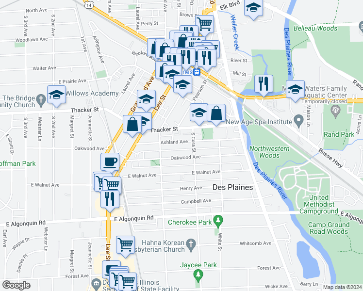 map of restaurants, bars, coffee shops, grocery stores, and more near 1457 Ashland Avenue in Des Plaines