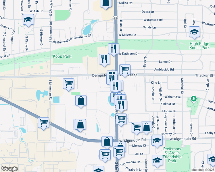 map of restaurants, bars, coffee shops, grocery stores, and more near 321 Hawthorne Circle in Mount Prospect
