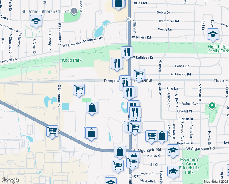 map of restaurants, bars, coffee shops, grocery stores, and more near 343 Hawthorne Circle in Mount Prospect