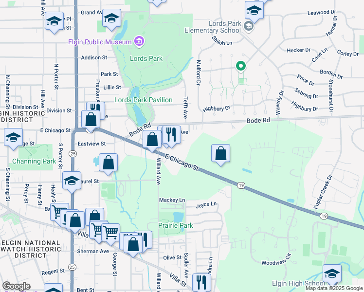 map of restaurants, bars, coffee shops, grocery stores, and more near 839 Park Bluff Circle in Elgin