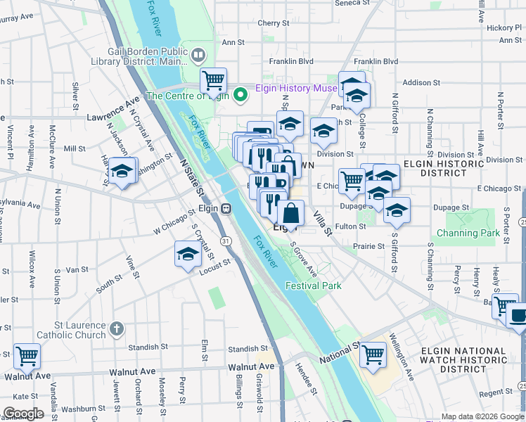 map of restaurants, bars, coffee shops, grocery stores, and more near 50 South Grove Avenue in Elgin