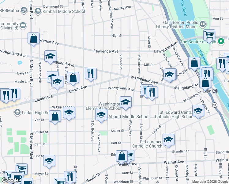 map of restaurants, bars, coffee shops, grocery stores, and more near 44 Monroe Street in Elgin
