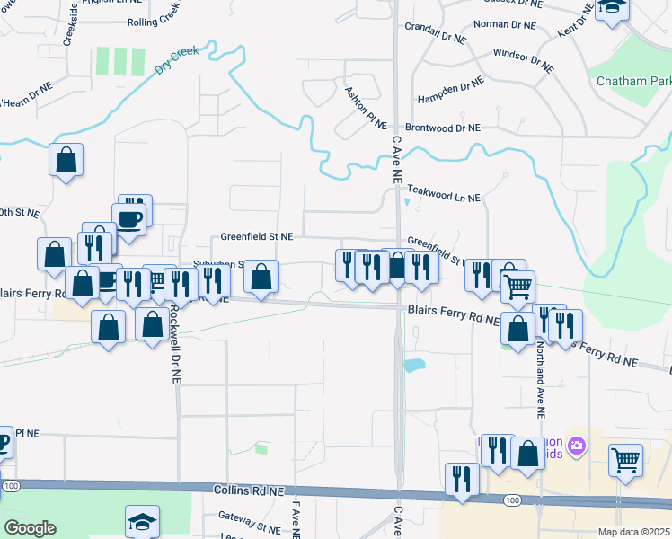 map of restaurants, bars, coffee shops, grocery stores, and more near 5728 Golden Court Northeast in Cedar Rapids