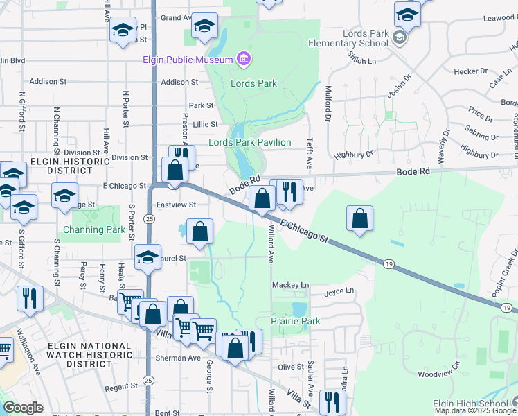 map of restaurants, bars, coffee shops, grocery stores, and more near 726 East Chicago Street in Elgin