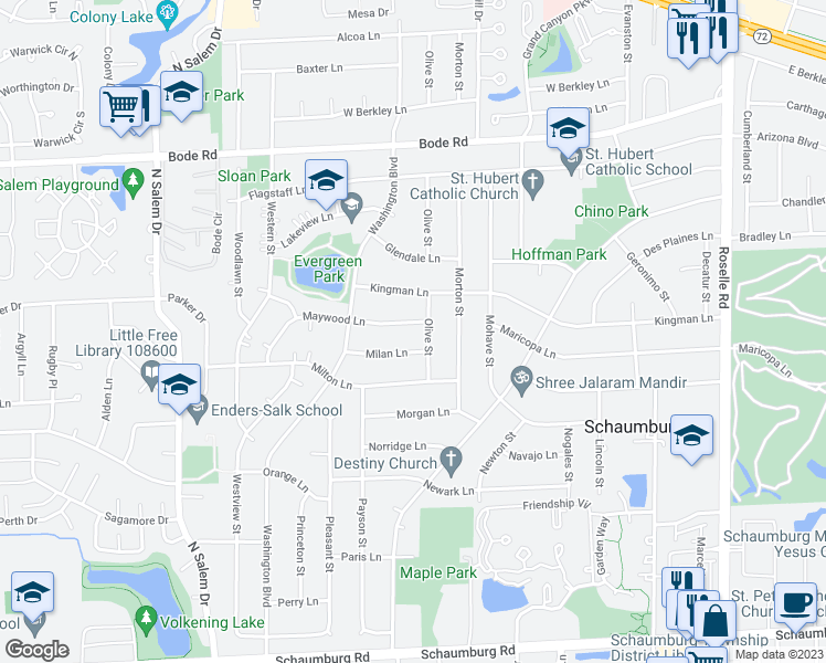 map of restaurants, bars, coffee shops, grocery stores, and more near 515 Maywood Lane in Hoffman Estates