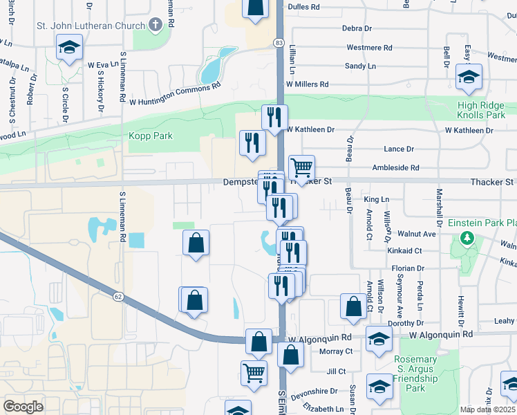 map of restaurants, bars, coffee shops, grocery stores, and more near 321 Hawthorne Circle in Mount Prospect