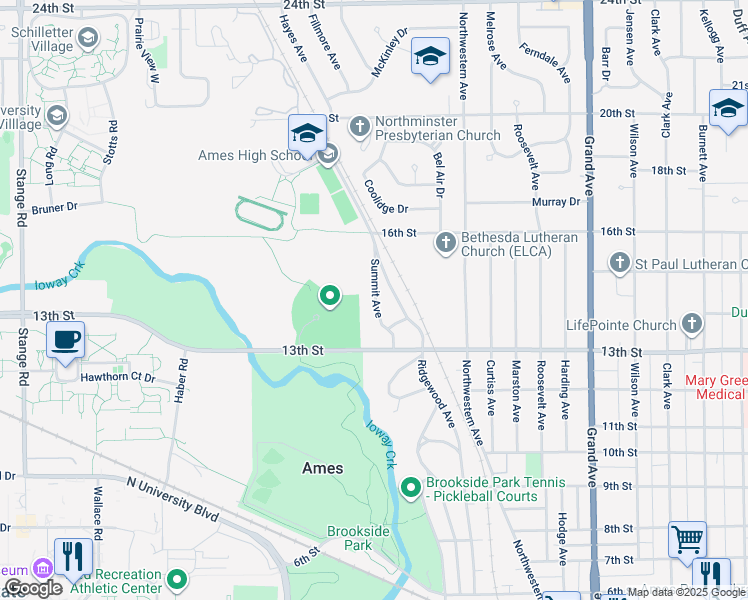 map of restaurants, bars, coffee shops, grocery stores, and more near 1427 Summit Avenue in Ames