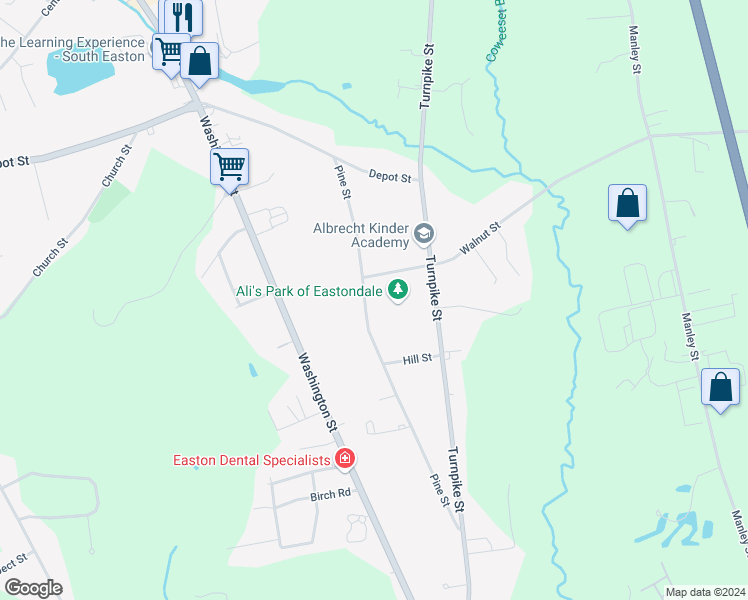 map of restaurants, bars, coffee shops, grocery stores, and more near 70 Pine Street in Easton