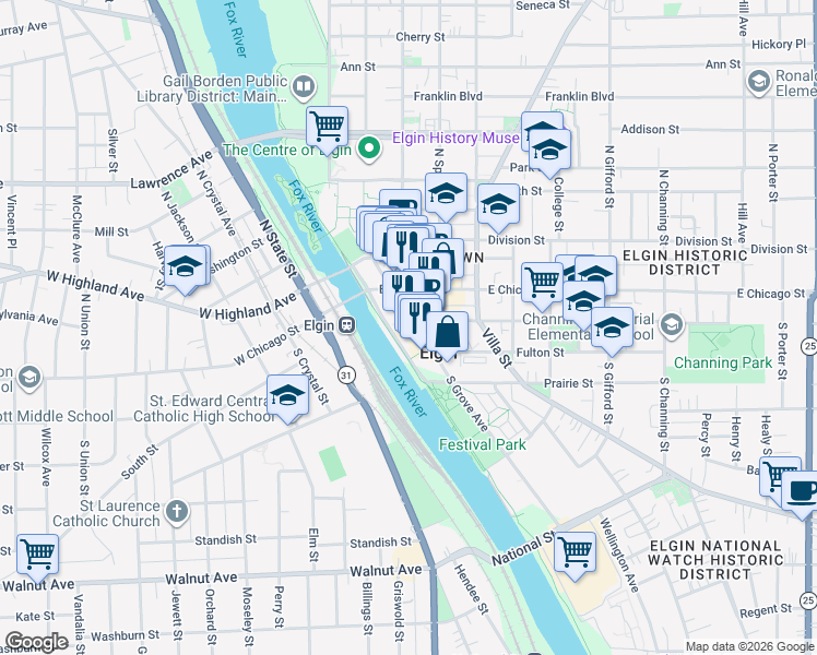 map of restaurants, bars, coffee shops, grocery stores, and more near 50 South Grove Avenue in Elgin