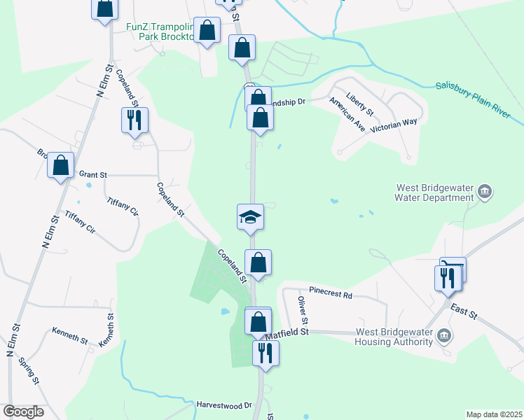 map of restaurants, bars, coffee shops, grocery stores, and more near 679 North Main Street in West Bridgewater