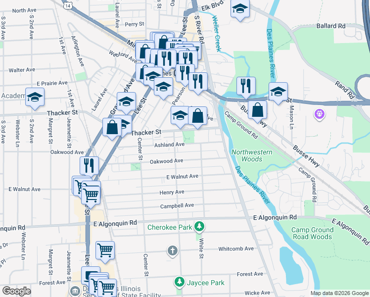 map of restaurants, bars, coffee shops, grocery stores, and more near 1551 Ashland Avenue in Des Plaines