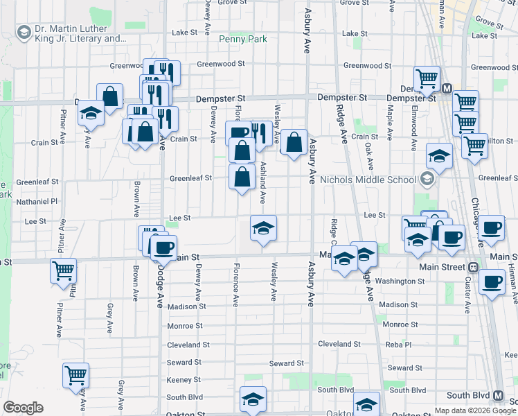map of restaurants, bars, coffee shops, grocery stores, and more near 1003 Ashland Avenue in Evanston