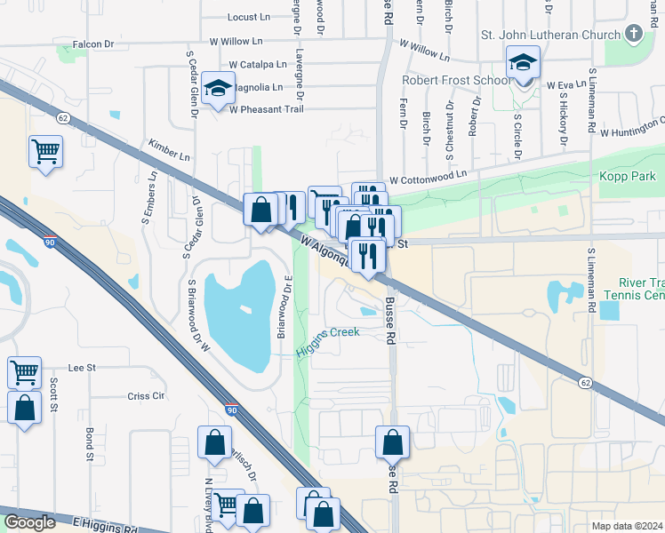 map of restaurants, bars, coffee shops, grocery stores, and more near 1759 West Algonquin Road in Mount Prospect