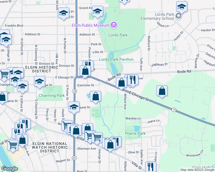 map of restaurants, bars, coffee shops, grocery stores, and more near 705 East Chicago Street in Elgin