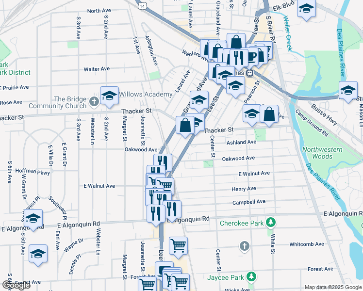 map of restaurants, bars, coffee shops, grocery stores, and more near 946 Lee Street in Des Plaines