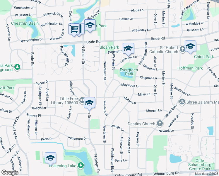 map of restaurants, bars, coffee shops, grocery stores, and more near 535 Western Street in Hoffman Estates