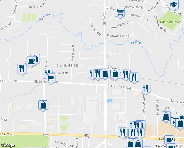 map of restaurants, bars, coffee shops, grocery stores, and more near 5728 Golden Court Northeast in Cedar Rapids