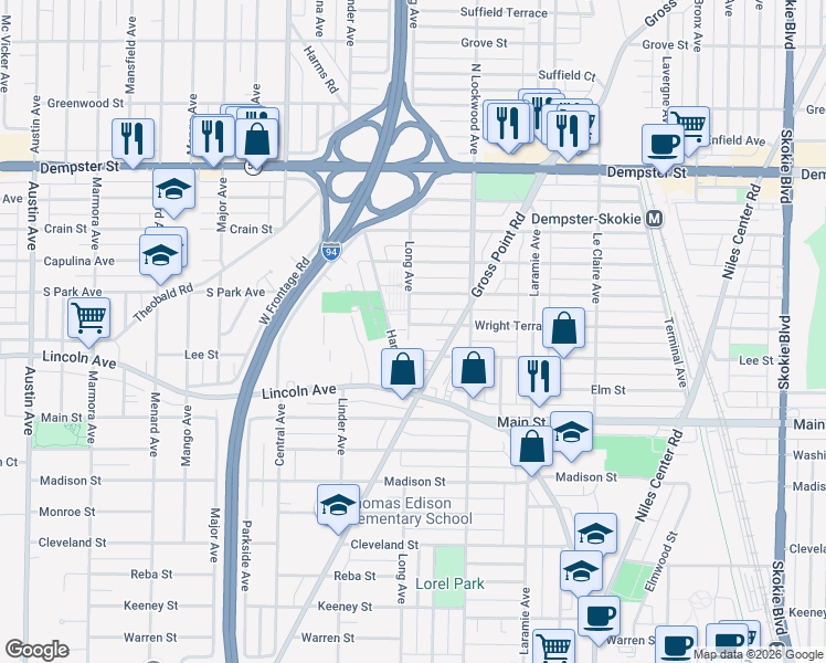 map of restaurants, bars, coffee shops, grocery stores, and more near 5357 Wright Terrace in Skokie