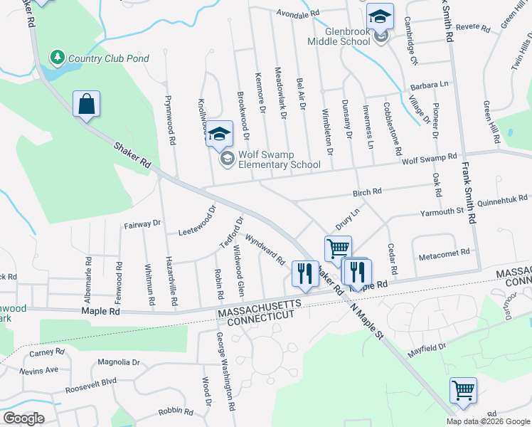 map of restaurants, bars, coffee shops, grocery stores, and more near 757 Shaker Road in Longmeadow