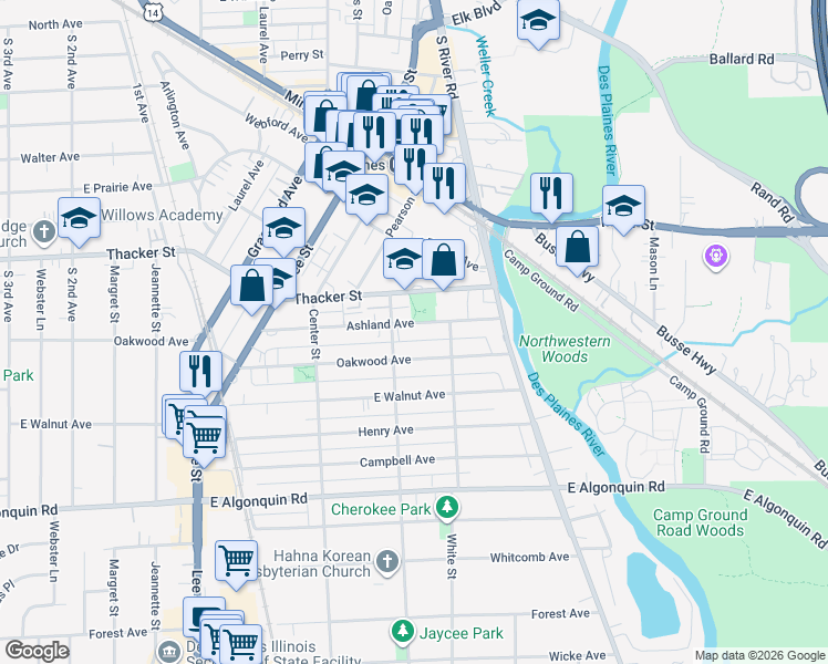 map of restaurants, bars, coffee shops, grocery stores, and more near 969 South Cora Street in Des Plaines
