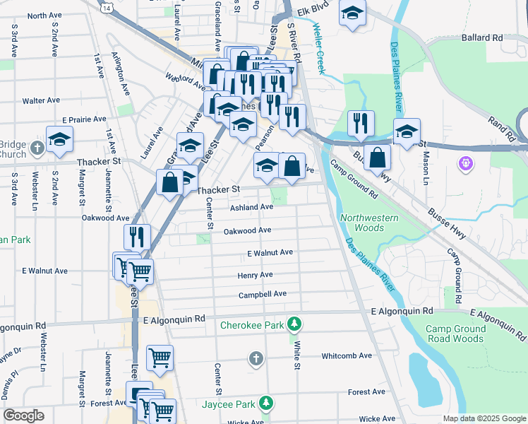 map of restaurants, bars, coffee shops, grocery stores, and more near 965 South Cora Street in Des Plaines