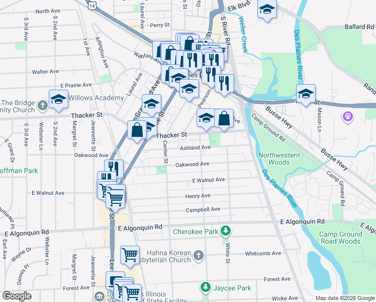 map of restaurants, bars, coffee shops, grocery stores, and more near 1469 Ashland Avenue in Des Plaines