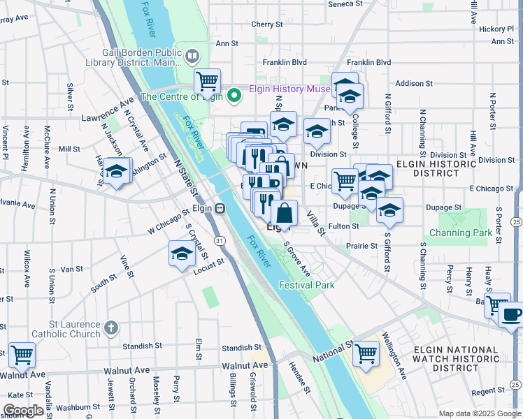 map of restaurants, bars, coffee shops, grocery stores, and more near 50 South Grove Avenue in Elgin