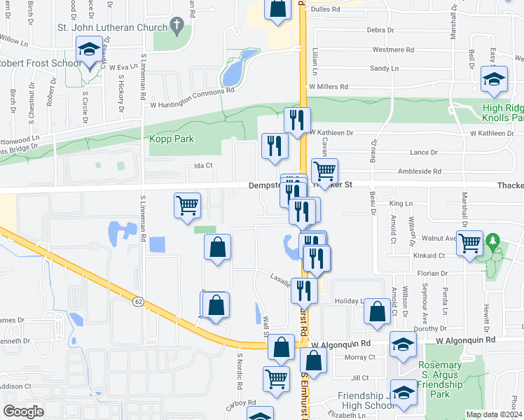map of restaurants, bars, coffee shops, grocery stores, and more near 345 Hawthorne Circle in Mount Prospect